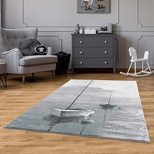 carpet city Teppich Kinderzimmer Grau, Blau - 160x225 cm - Segelboot, maritimes Muster - Kinderzimmerteppiche Jungen und Mädchen - Kurzflorteppich Modern Wohnzimmer von carpet city