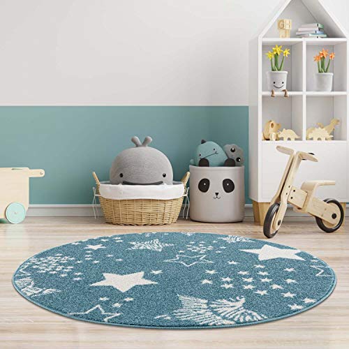 carpet city Kinderteppich - Sterne Sternen-Himmel 120 cm Rund Blau - Kinderzimmer Teppich Modern von carpet city