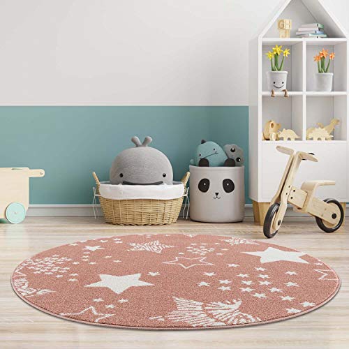 carpet city Kinderteppich - Sterne Sternen-Himmel 120 cm Rund Rose - Kinderzimmer Teppich Modern von carpet city