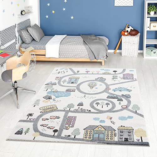 carpet city Kinderteppich - Straßen-Stadt-Motiv Creme Multi - Kinderzimmer Teppich Modern (80 cm x 150 cm) von carpet city