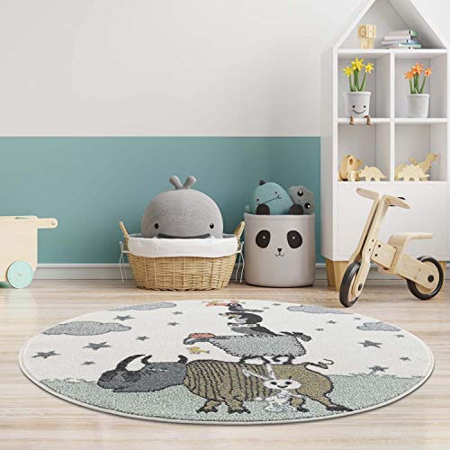 carpet city Kinderteppich Tiere - Eule Schaf Tucan 160 cm Rund Creme - Kinderzimmer Teppich Modern von carpet city