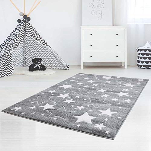 carpet city Kinderteppiche Sterne Motiv Grau 140x200 cm Glanzgarn Spielteppich von carpet city