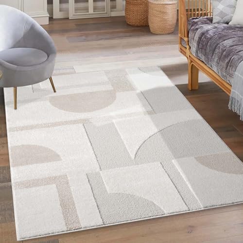 carpet city Kurzflor Teppich Creme - 200x290 cm - Wohnzimmer-Teppiche Hochtief-Muster, 3D-Effekt - Geometrisches Muster - Flachflor Bodenbelag, Deko Schlafzimmer von carpet city