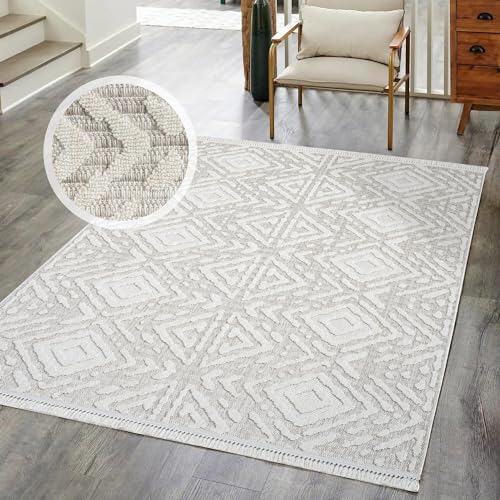 carpet city Kurzflor Teppich Flur Beige - 80x150 cm Läufer - Raute-Muster, Relief-Optik - Fransen-Teppiche Modern, Boho für Schlafzimmer, Wohnzimmer von carpet city