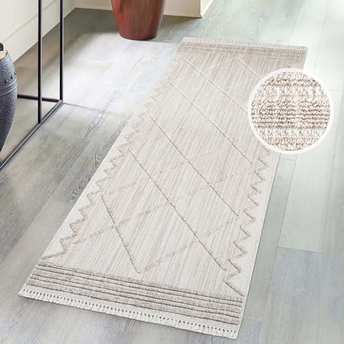 carpet city Kurzflor Teppich Flur Beige - 80x300 cm Läufer - Geometrisch, Relief-Optik - Fransen-Teppiche Modern, Boho für Schlafzimmer, Wohnzimmer von carpet city