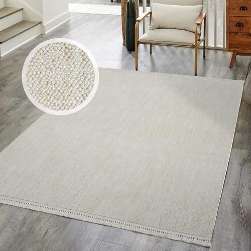 carpet city Kurzflor Teppich Flur Creme - 80x150 cm Läufer - Einfarbig, Meliert - Fransen-Teppiche Modern, Boho für Schlafzimmer, Wohnzimmer von carpet city