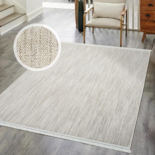 carpet city Kurzflor Teppich Flur Taupe - 80x150 cm Läufer - Einfarbig, Meliert - Fransen-Teppiche Modern, Boho für Schlafzimmer, Wohnzimmer von carpet city