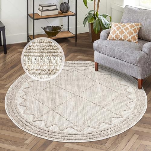 carpet city Kurzflor Teppich Wohnzimmer Beige - 120 cm Rund - Geometrisch, Relief-Optik - Teppiche Modern, Boho für Schlafzimmer, Esszimmer von carpet city