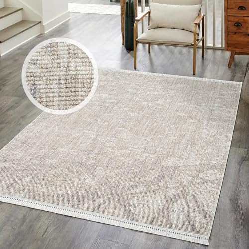 carpet city Kurzflor Teppich Wohnzimmer Beige - 160x230 cm - Abstraktes Muster - Fransen-Teppiche Modern, Boho für Schlafzimmer, Esszimmer von carpet city