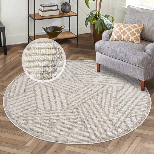 carpet city Kurzflor Teppich Wohnzimmer Beige - 200 cm Rund - Geometrisches Muster - Teppiche Modern, Boho für Schlafzimmer, Esszimmer von carpet city