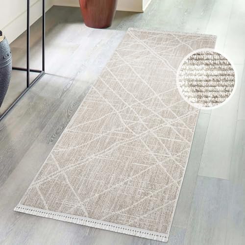 carpet city Kurzflor Teppich Wohnzimmer Beige Meliert - 80x300 cm Läufer - Rauten-Look - Fransen-Teppiche Modern, Boho für Schlafzimmer, Esszimmer von carpet city