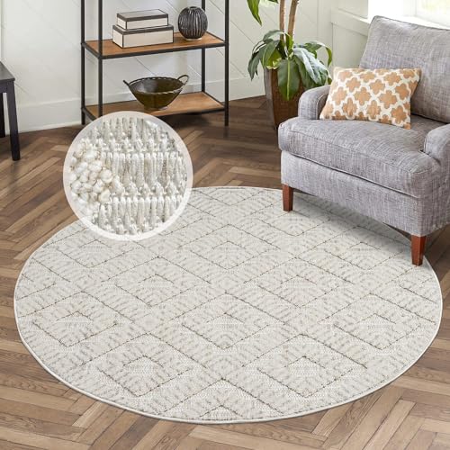 carpet city Kurzflor Teppich Wohnzimmer Creme - 120 cm Rund - Raute-Optik, 3D-Look - Teppiche Modern, Boho für Schlafzimmer, Esszimmer von carpet city