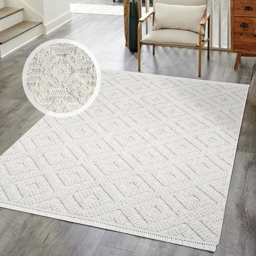 carpet city Kurzflor Teppich Wohnzimmer Creme - 140x200 cm - Raute-Optik, 3D-Look - Fransen-Teppiche Modern, Boho für Schlafzimmer, Esszimmer von carpet city