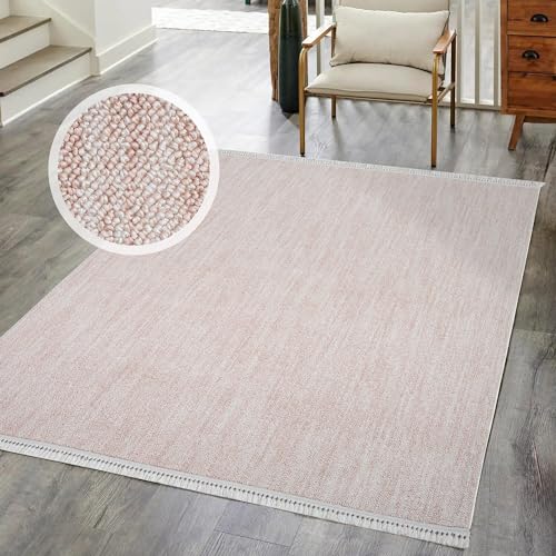 carpet city Kurzflor Teppich Wohnzimmer Rosa - 120x170 cm - Einfarbig, Meliert - Fransen-Teppiche Modern, Boho für Schlafzimmer, Esszimmer von carpet city