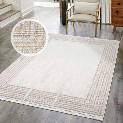 carpet city Kurzflor Teppich Wohnzimmer Rosa - 200x290 cm - Bordüre Optik - Fransen-Teppiche Modern, Boho für Schlafzimmer, Esszimmer von carpet city