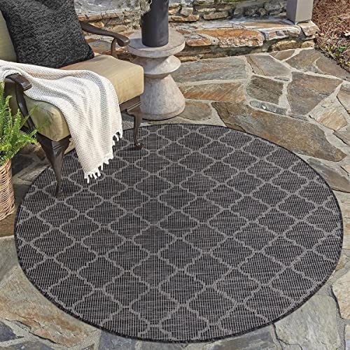 carpet city Outdoor Teppich Terrasse Wetterfest - 120x120 cm Rund - Balkonteppich Schwarz - Marokkanisches Muster - In-& Outdoor Teppiche für Veranda, Garten, Küche, Bad oder Wohnzimmer von carpet city