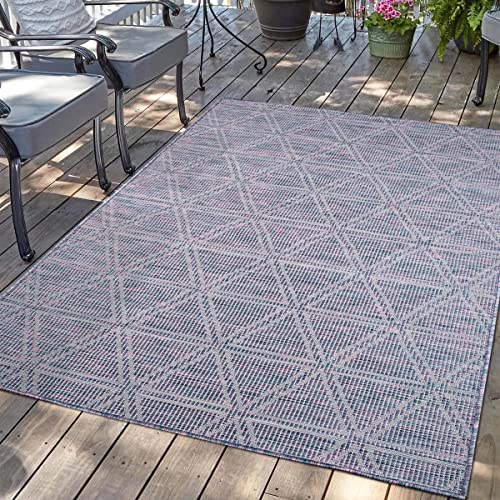 carpet city Outdoor Teppich Terrasse Wetterfest - 120x170 cm - Balkonteppich Blau-Pink - Geometrisches Muster - In-& Outdoor Teppiche für Veranda, Garten, Küche, Bad oder Wohnzimmer von carpet city