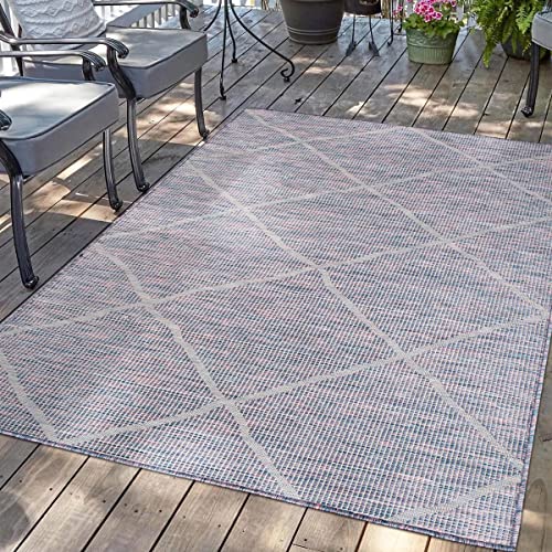 carpet city Outdoor Teppich Terrasse Wetterfest - 120x170 cm - Balkonteppich Blau-Pink - Raute Muster - In-& Outdoor Teppiche für Veranda, Garten, Küche, Bad oder Wohnzimmer von carpet city