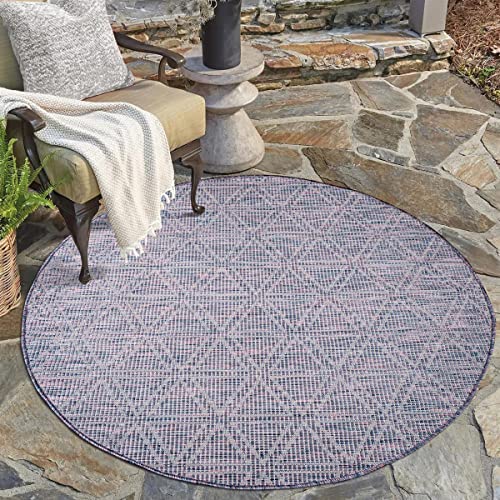 carpet city Outdoor Teppich Terrasse Wetterfest - 120x120 cm Rund - Balkonteppich Blau-Pink - Geometrisches Muster - In-& Outdoor Teppiche für Veranda, Garten, Küche, Bad oder Wohnzimmer von carpet city