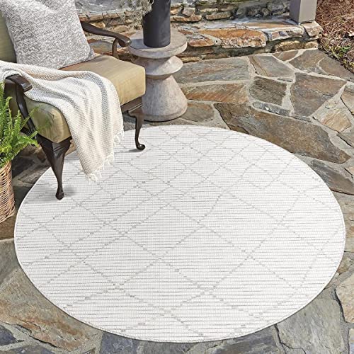 carpet city Outdoor Teppich Terrasse Wetterfest - 120x120 cm Rund - Balkonteppich Grau - Raute-Optik - In-& Outdoor Teppiche für Veranda, Garten, Küche, Bad oder Wohnzimmer von carpet city