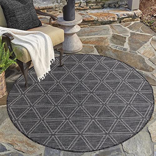 carpet city Outdoor Teppich Terrasse Wetterfest - 120x120 cm Rund - Balkonteppich Schwarz - Geometrisches Muster - In-& Outdoor Teppiche für Veranda, Garten, Küche, Bad oder Wohnzimmer von carpet city