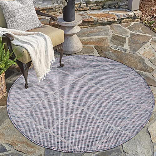 carpet city Outdoor Teppich Terrasse Wetterfest - 200x200 cm Rund - Balkonteppich Blau-Pink - Raute Muster - In-& Outdoor Teppiche für Veranda, Garten, Küche, Bad oder Wohnzimmer von carpet city