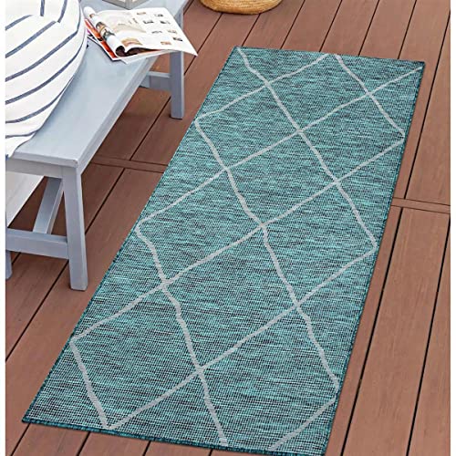 carpet city Outdoor Teppich Terrasse Wetterfest - 80x150 cm - Balkonteppich Blau - Raute Muster - In-& Outdoor Teppiche für Veranda, Garten, Küche, Bad oder Wohnzimmer von carpet city