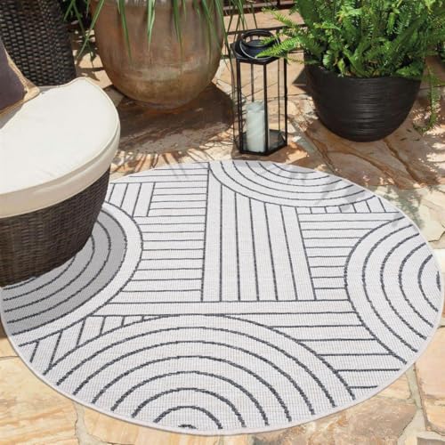carpet city Outdoor Teppich Wetterfest 160 cm Rund - Creme-Grau - Wendeteppich, Beidseitiges Geometrisches Muster - Balkonteppich Wasserfest Outdoor - Terrassenteppich von carpet city