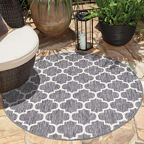 carpet city Outdoor-Teppich Wetterfest Balkon Terrassen - Grau in 120x120 cm Rund - Deko Teppiche Außen Wasserfest - Balkondekoration Marokkanisch Wohnzimmerteppiche von carpet city