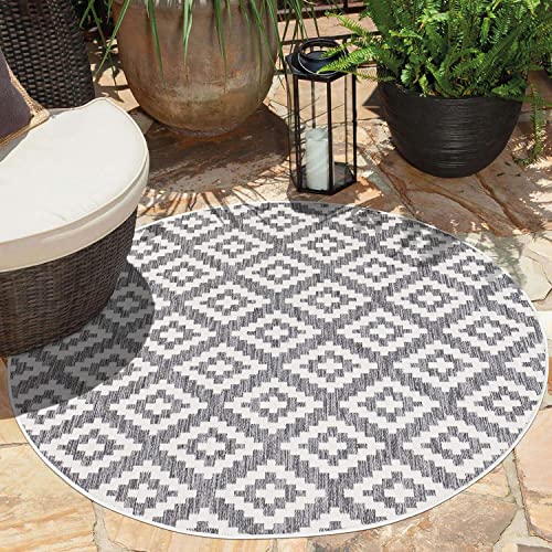 carpet city Outdoor-Teppich Wetterfest Balkon Terrassen - Grau in 120x120 cm Rund - Deko Teppiche Außen Wasserfest - Balkondekoration Rauten-Optik Wohnzimmerteppiche von carpet city