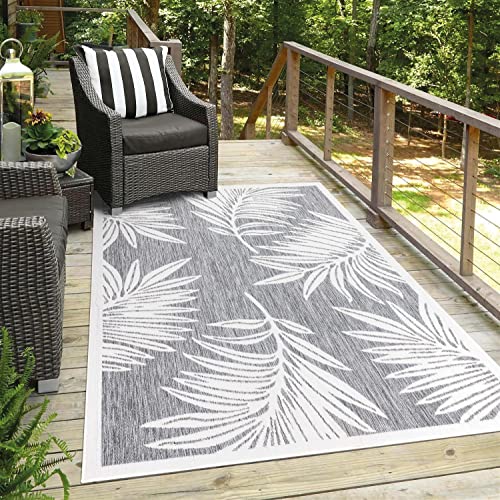 carpet city Outdoor-Teppich Wetterfest Balkon Terrassen - Grau in 120x170 cm - Deko Teppiche Außen Wasserfest - Balkondekoration Florale-Optik Wohnzimmerteppiche von carpet city