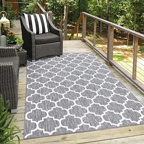 carpet city Outdoor-Teppich Wetterfest Balkon Terrassen - Grau in 140x200 cm - Deko Teppiche Außen Wasserfest - Balkondekoration Marokkanisch Wohnzimmerteppiche von carpet city