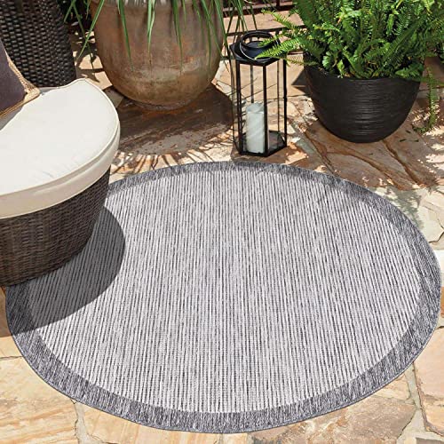 carpet city Outdoor-Teppich Wetterfest Balkon Terrassen - Grau in 200x200 cm Rund - Deko Teppiche Außen Wasserfest - Balkondekoration Bordüre Wohnzimmerteppiche von carpet city