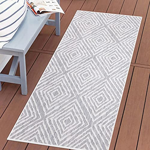 carpet city Outdoor-Teppich Wetterfest Balkon Terrassen - Grau in 80x150 cm - Deko Teppiche Außen Wasserfest - Balkondekoration Rauten-Motiv Wohnzimmerteppiche von carpet city