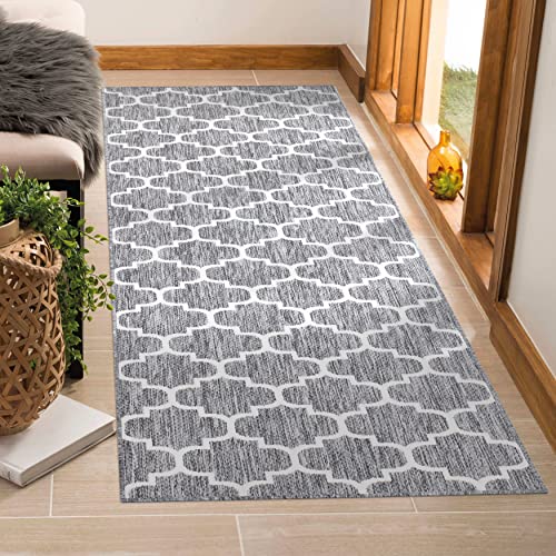 carpet city Outdoor-Teppich Wetterfest Balkon Terrassen - Grau in 80x250 cm Läufer - Deko Teppiche Außen Wasserfest - Balkondekoration Marokkanisch Wohnzimmerteppiche von carpet city