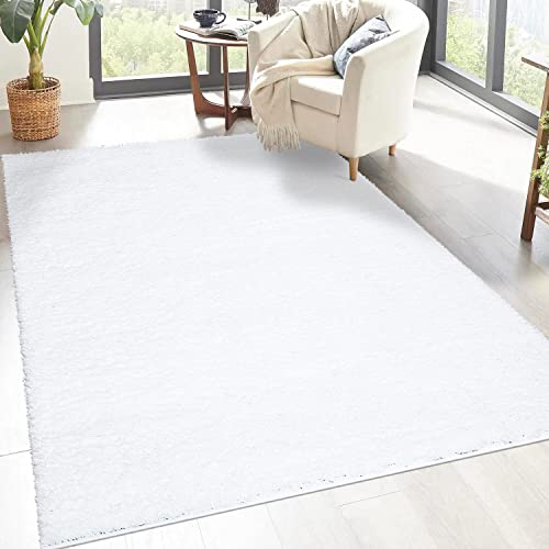 carpet city Shaggy Hochflor Teppich - 100x200 cm - Weiß - Langflor Wohnzimmerteppich - Einfarbig Uni Modern - Flauschig-Weiche Teppiche Schlafzimmer Deko von carpet city