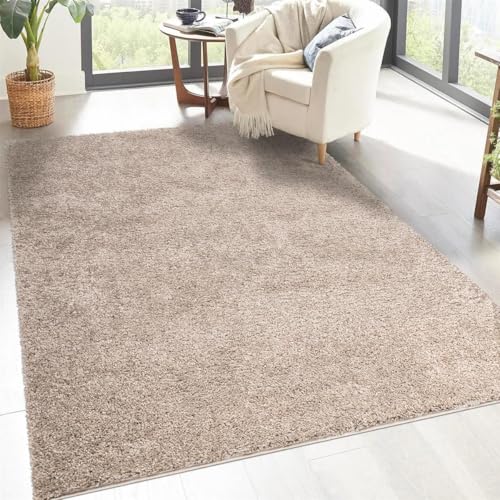 carpet city Shaggy Hochflor Teppich - 120x170 cm - Sand-Beige - Langflor Wohnzimmerteppich - Einfarbig Uni Modern - Flauschig-Weiche Teppiche Schlafzimmer Deko von carpet city