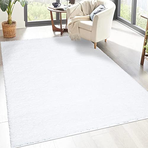 carpet city Shaggy Hochflor Teppich - 120x170 cm - Weiß - Langflor Wohnzimmerteppich - Einfarbig Uni Modern - Flauschig-Weiche Teppiche Schlafzimmer Deko von carpet city