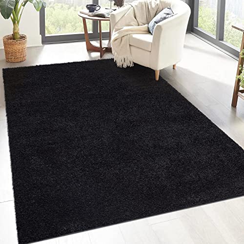 carpet city Shaggy Hochflor Teppich - 200x200 cm Quadratisch - Schwarz - Langflor Wohnzimmerteppich - Einfarbig Uni Modern - Flauschig-Weiche Teppiche Schlafzimmer Deko von carpet city