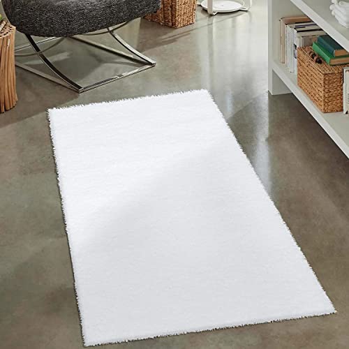 carpet city Shaggy Hochflor Teppich - 80x150 cm - Weiß - Langflor Wohnzimmerteppich - Einfarbig Uni Modern - Flauschig-Weiche Teppiche Schlafzimmer Deko von carpet city