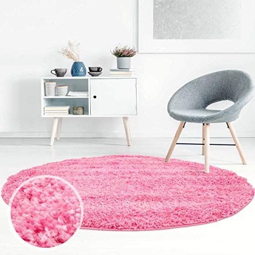 carpet city Shaggy Hochflor-Teppich Einfarbig, Uni Pink in rechteckig, rund, quadratisch für Wohn- und Schlafzimmer mit weichen Flor; Größe: 200x200 cm rund von carpet city