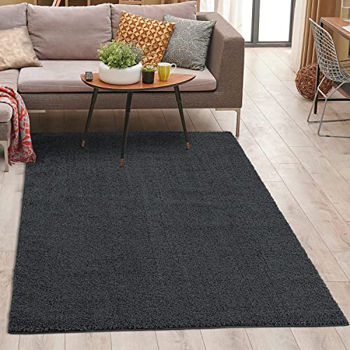 carpet city Shaggy Teppich Hochflor - 150x150 cm - Anthrazit Einfarbig - Weicher Wohnzimmerteppich Uni Modern - Polyester-Teppiche Soft Flauschig-Weich Schlafzimmer - Kinderzimmerteppich von carpet city