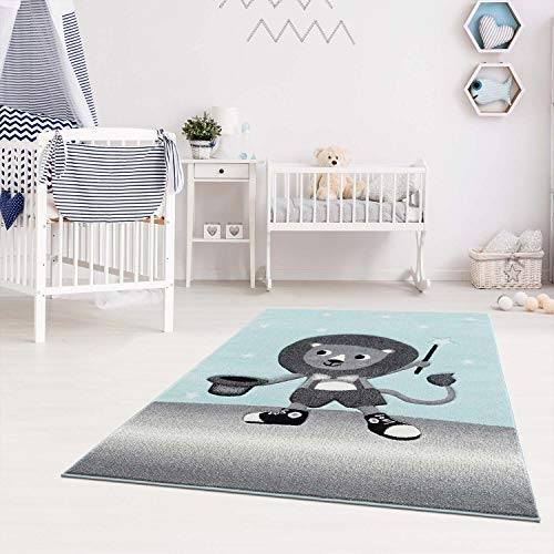 carpet city Kinderteppich Löwe Mint Grau - 160 cm Rund - Teppich Tier-Motiv Kinderzimmer für Jungen und Mädchen von carpet city