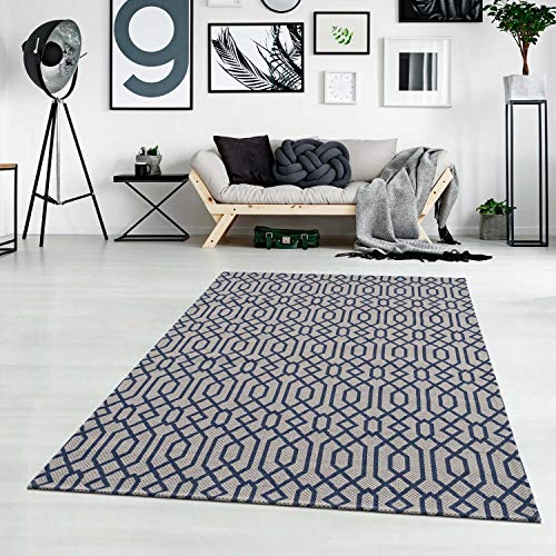 carpet city Teppich Baumwolle Kurzflor Grau Blau - 130x190 cm - Scandi-Stil Geometrisch - Baumwollteppich - Esstisch Wohnzimmer Badezimmer Teppiche - Flachgewebe von carpet city