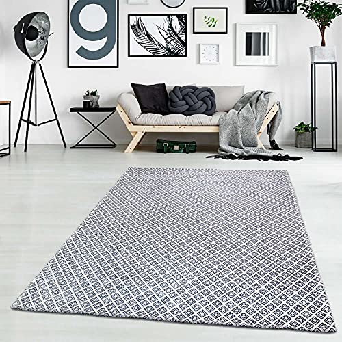 carpet city Teppich Baumwolle Kurzflor Grau Navy - 150x230 cm - Modern Karo Muster - Baumwollteppich - Esstisch Wohnzimmer Badezimmer Teppiche - Flachgewebe von carpet city