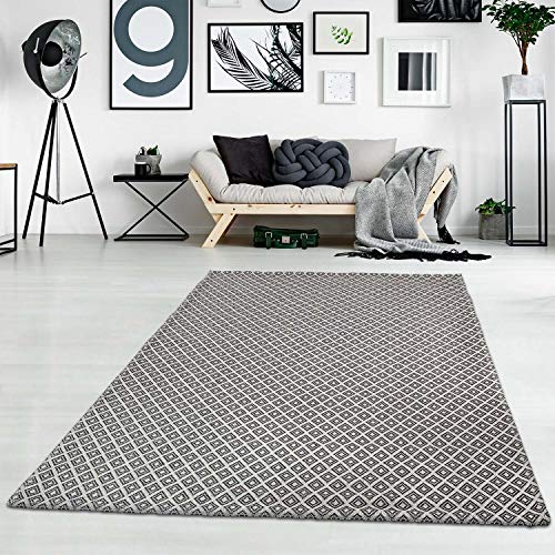 carpet city Teppich Baumwolle Kurzflor Grau Schwarz - 130x190 cm - Modern Karo Muster - Baumwollteppich - Esstisch Wohnzimmer Badezimmer Teppiche - Flachgewebe von carpet city