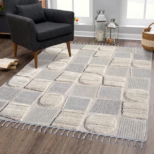 carpet city Teppich Boho Wohnzimmer - Creme - 200x290 cm - Patchwork-Muster - Relief-Optik, 3D-Effekt - Cut-&Loop, Sisal - Moderne Fransen-Teppiche Schlafzimmer von carpet city