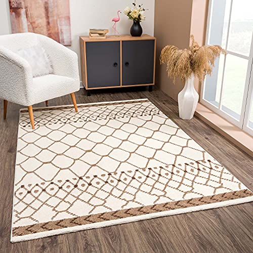 carpet city Teppich Boho Wohnzimmer Creme Braun - 120x170 cm - Geo-Muster Ethno-Stil - Boho-Teppiche Schlafzimmer - Microfaser Polyester Hochflor Weich von carpet city