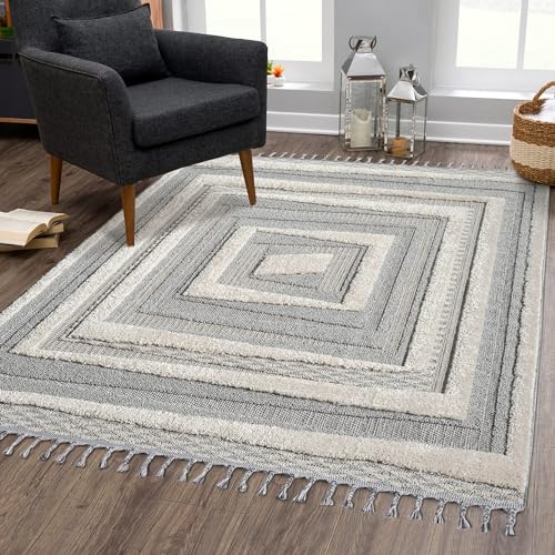 carpet city Teppich Boho Wohnzimmer - Graublau, Creme - 160x230 cm - Bordüre - Relief-Optik, 3D-Effekt - Cut-&Loop, Sisal - Moderne Fransen-Teppiche Schlafzimmer von carpet city