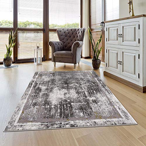 carpet city Teppich Bordüre Wohnzimmer - 140x200 cm Grau Meliert - Moderne Teppiche Kurzflor von carpet city